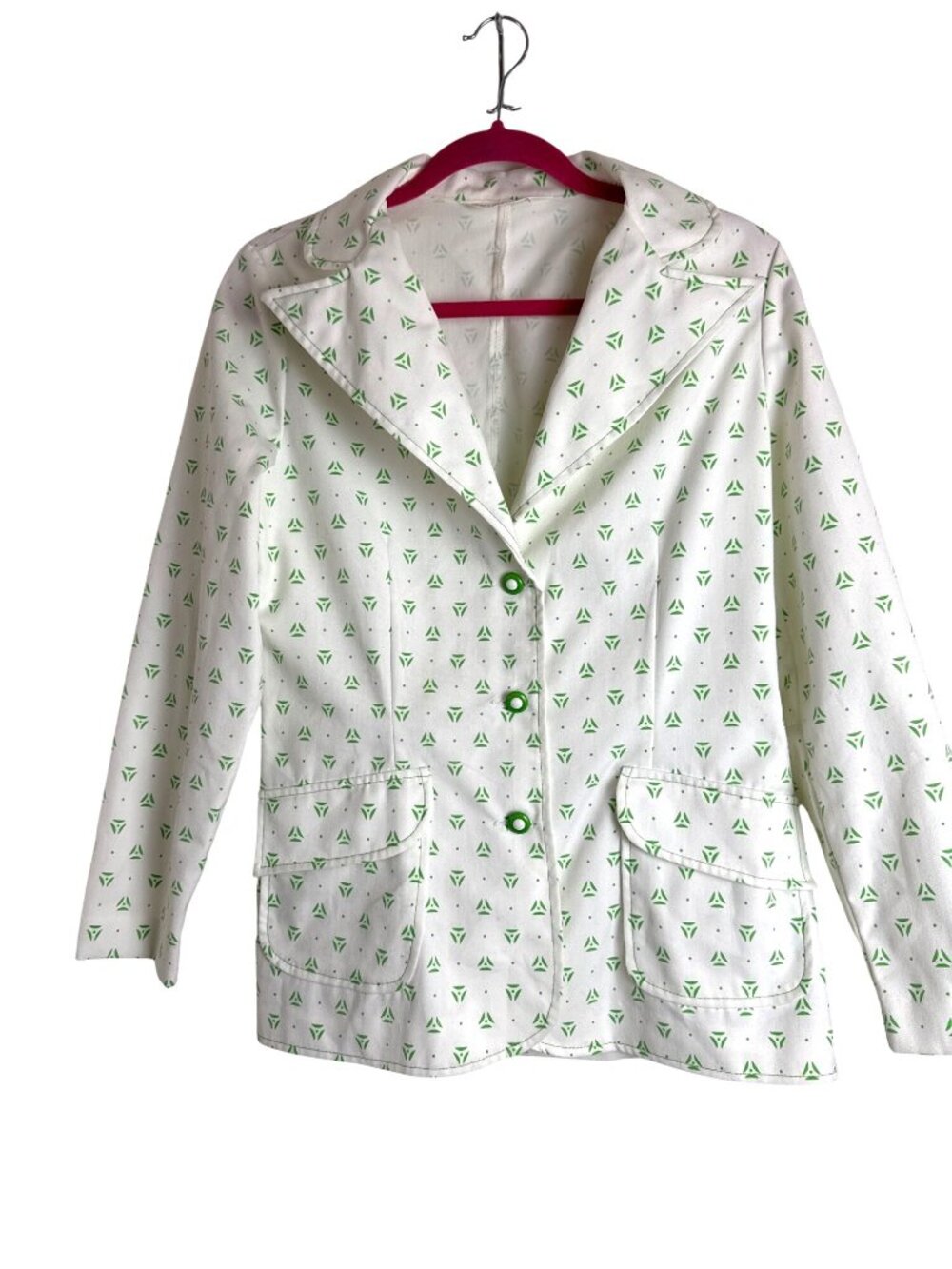 Vintage Koret Women's White Blazer Green Geometric Print Button Front Medium